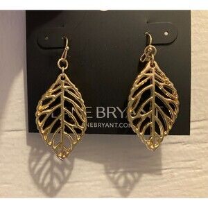 LANE BRYANT Gold Tone Leaf Outline Drop Dangle Hook Earrings Tropical 1.25"